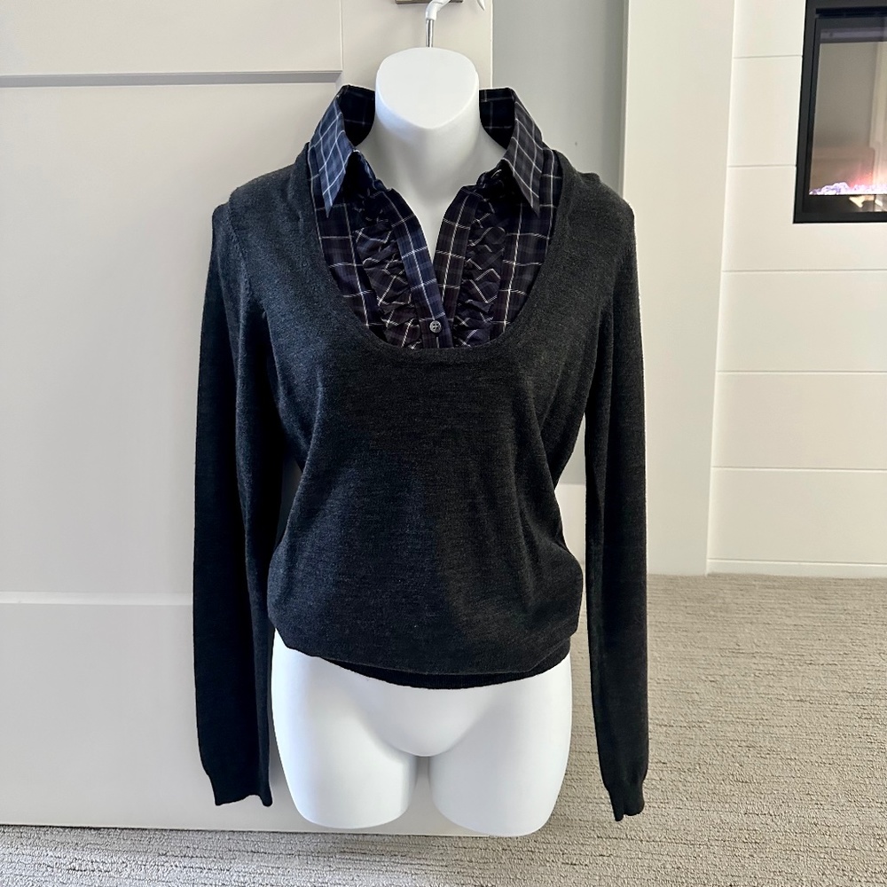 THEORY Layered Plaid Collar Sweater Sz Medium